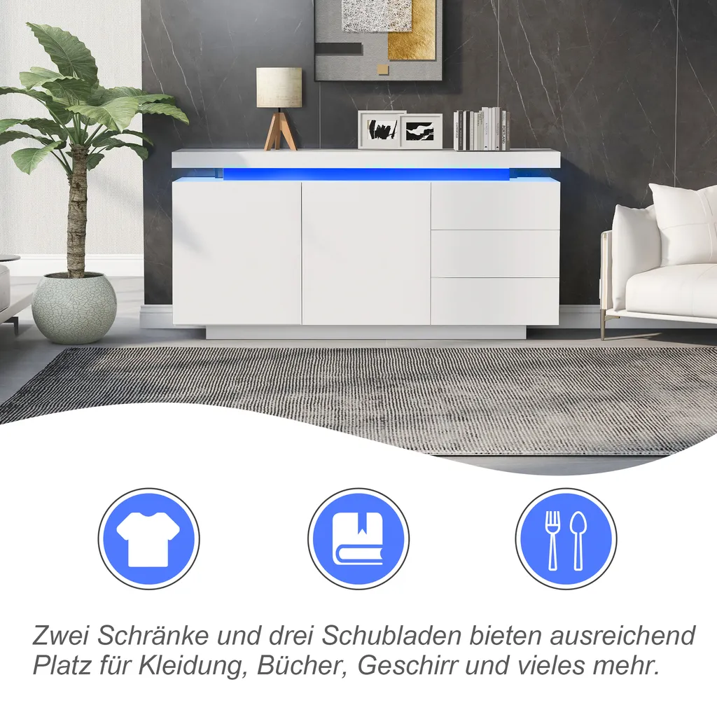 Buffet Bas Blanc Merax LED : Solution de Rangement Moderne pour Salon - 5