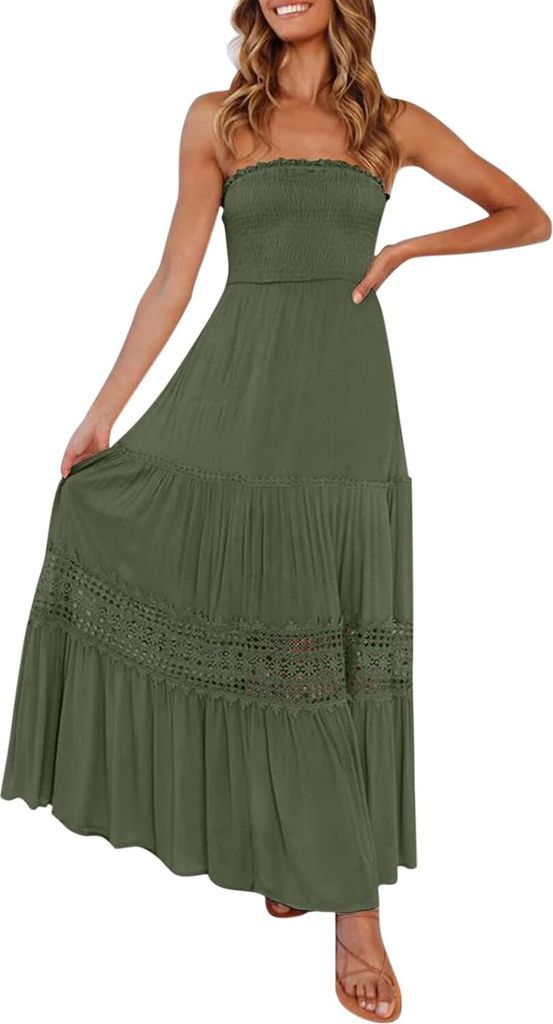 ASKSA Damen Sommer Kleider Bandeau Kleid Lang Schulterfreies y TraeGerlos Off Shoulder RueCkenfrei Spitzenbesatz Maxikleid (Gruen,L)