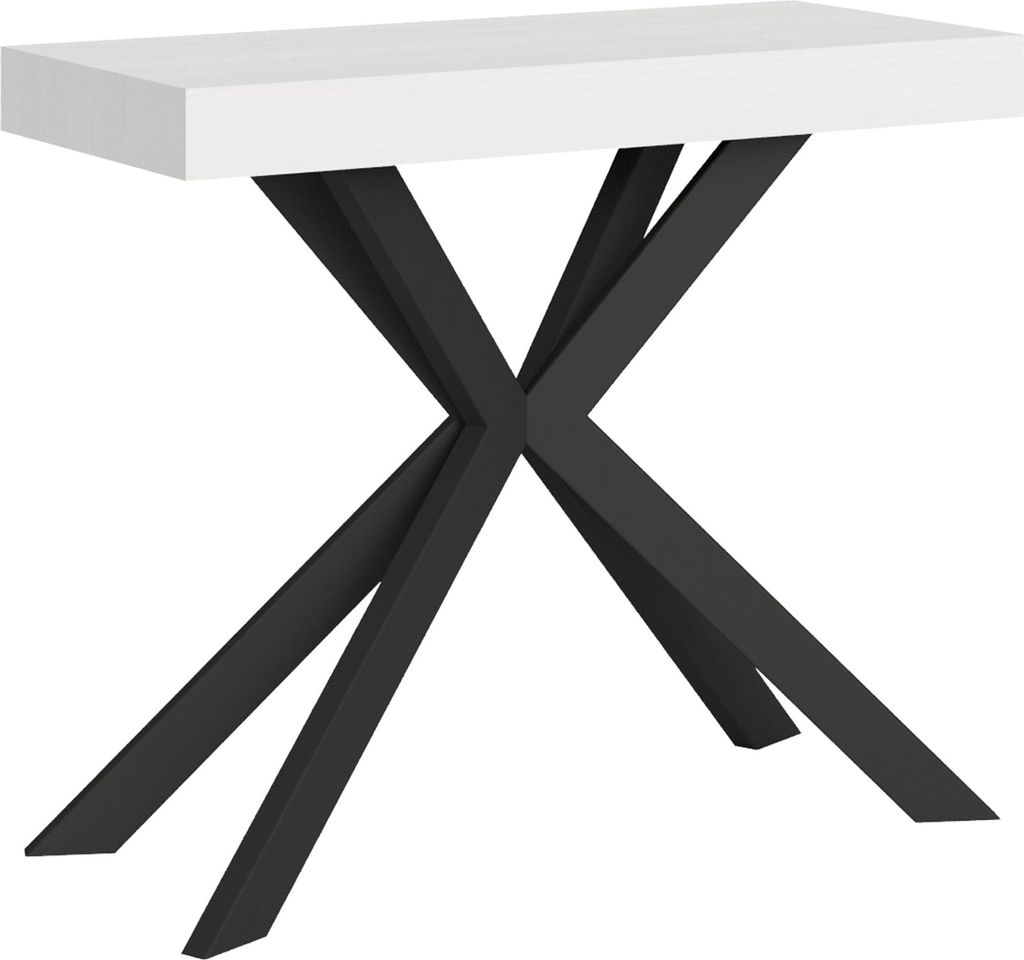 ITYHOME - Ausziehbarer Konsolentisch 90x40/300 cm Plaker Esche weiß mit Eisenrahmen aus Anthrazit