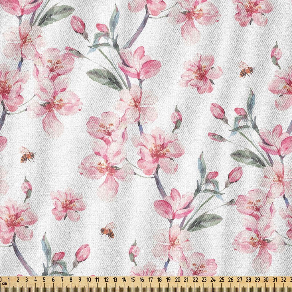 ABAKUHAUS Aquarell Microfaser Stoff als Meterware , Weinlese-japanischer Garten, der Sakura Cherry Branches blüht, 2 M (230 x 200 cm), Resedagrün...