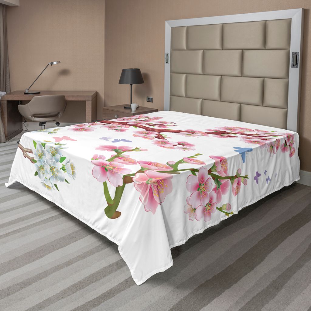 ABAKUHAUS Blumen Bettlaken, Sammlung Blühende Zweige Bunte Frühling Garten Thema Saisonale Kunstdruck, weiches bequemes oberes Bettlaken für ein...