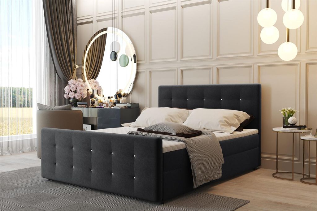 Boxspringbett Schlafzimmerbett CARLOS 180x200cm Stoff Soro Schwarz inkl.Bettkasten