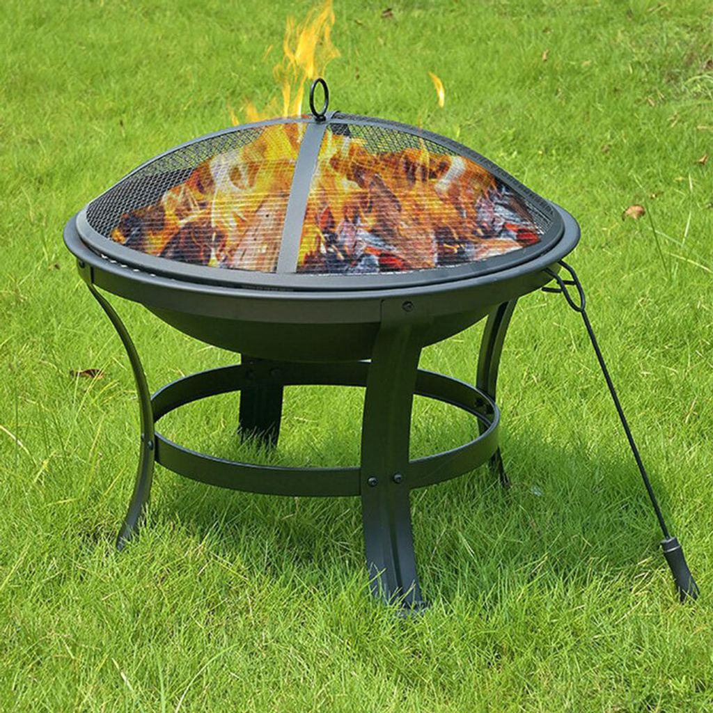Feuerschale aus Stahl für den Außenbereich, Feuerstelle, Heizofen für Terrasse, Garten, Innenhof mit Schürhakengrill, schwarzer Deckel, 56 x 65...