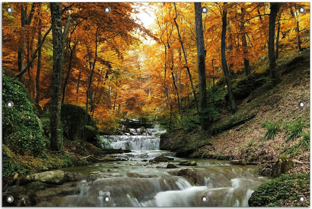 Wallario Outdoor-Poster für Garten oder Balkon, Motiv Kleiner Bach über Steine im Herbstwald, in ca. 80 x 120 cm