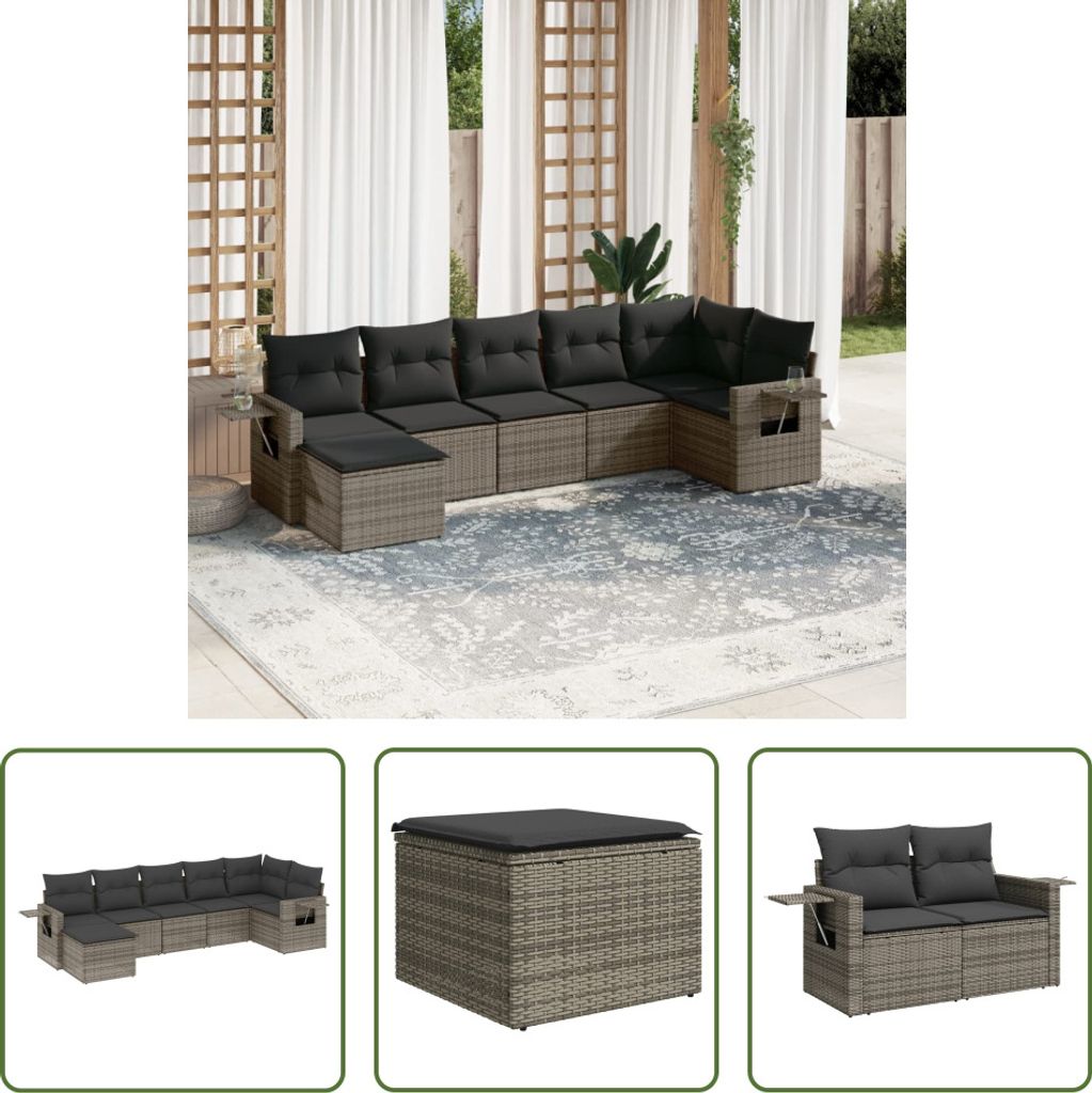 The Living Store 7-tlg. Garten-Sofagarnitur mit Kissen Grau Poly Rattan