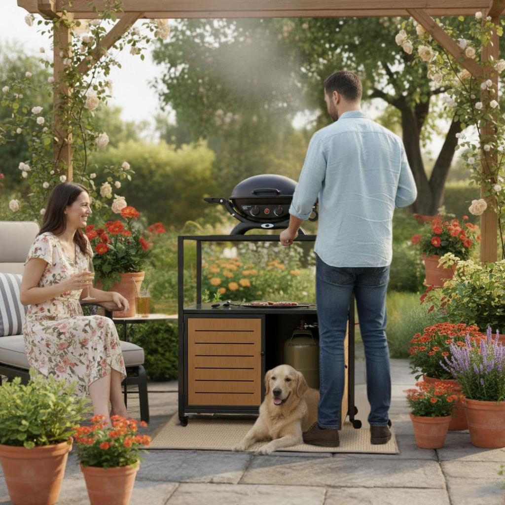 abc HOME Outdoor Küchenwagen Grill Beistellwagen Gasflaschenschrank Anthrazit Holzoptik