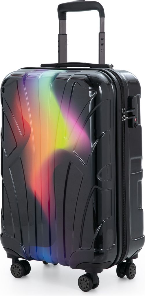A black suitcase with a colorful gradient design on a white background.