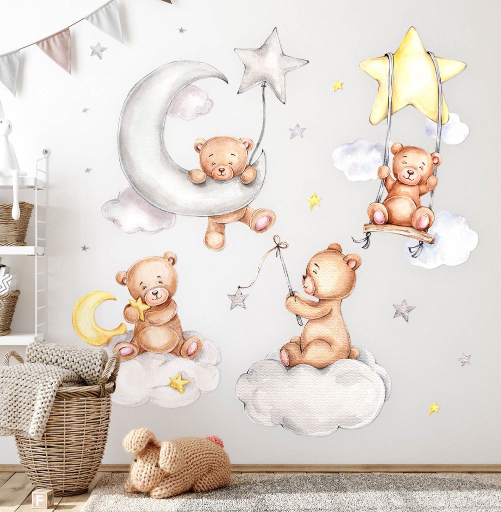 Teddybären im Himmel – Wandgestaltung – Wandbilder Kinder – Motivtapeten Set – Wanddekor Kinderzimmer – Selbstklebende Wandsticker – 8...