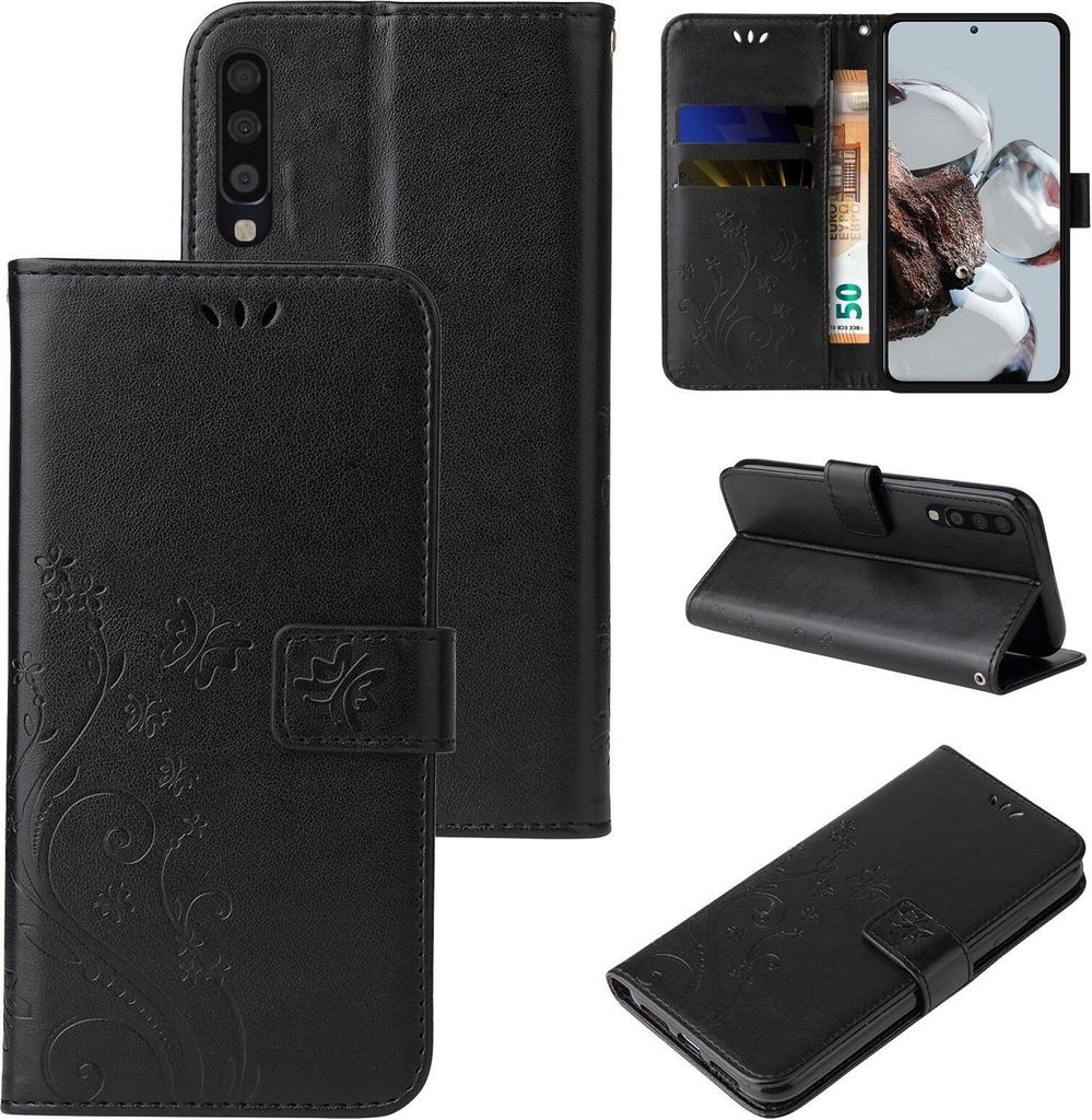 Handyhülle für Samsung Galaxy A70 Floral Blumen Schmetterling Flip Cover Hülle Case Klapphülle Handytasche Farbe: Schwarz