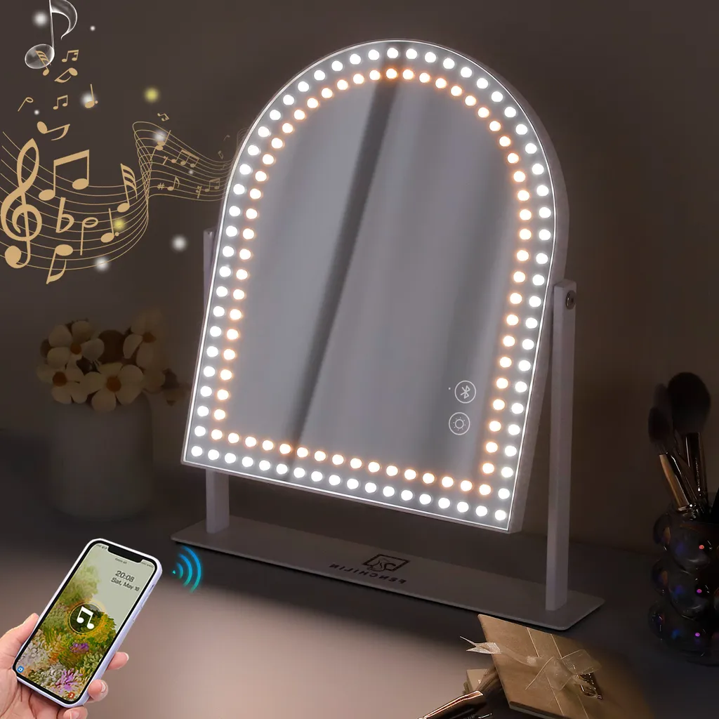 VANITII Specchio curvo per il trucco 25cm x 30 cm con lettore Bluetooth ruotabile a 360° Dimmerabile per il trucco Specchio cosmetico con luce 3 colori di luce Bianco