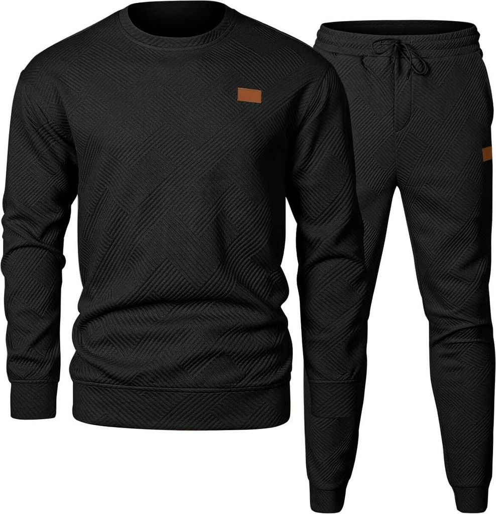 ASKSA Herren Jogginganzug Trainingsanzug Set Pullover Sweatshirt Crew Hoodie und Sporthose 2 Piece Freizeitanzug,Schwarz,XL