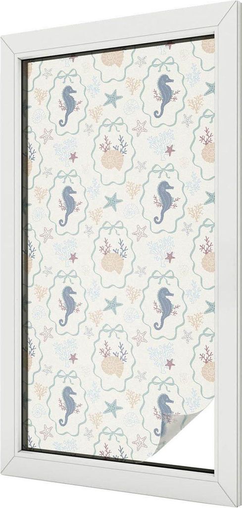 Buntglas Fensterfolie – 100x100 cm – Stained-Glass Design – blickdichte dekorative Sichtschutzfolie – selbstklebend, UV-Schutz – Seepferd...
