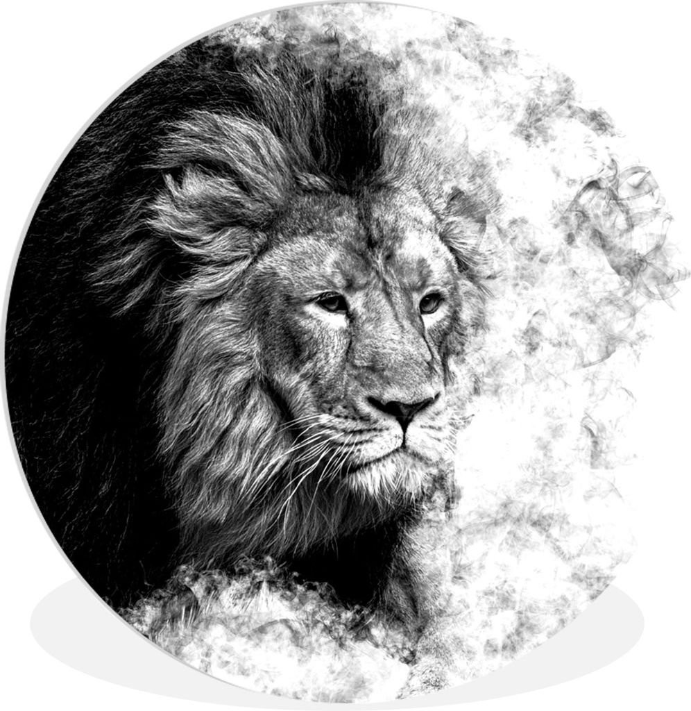 MuchoWow Rundes Wandbild - Runde Bilder Löwe - Rauch - Tiere - Schwarz - Weiß Ø 60 cm Kreis Wanddekoration Kunststoff - Wandkreis - Wandschmuc...