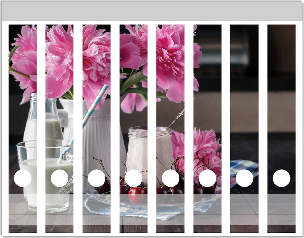 Wallario Ordnerrücken Sticker, selbstklebend für schmale Ordner, 8 Stück, Motiv Milch mit Kirschen zum Frühstück mit rosa Blumenarrangement