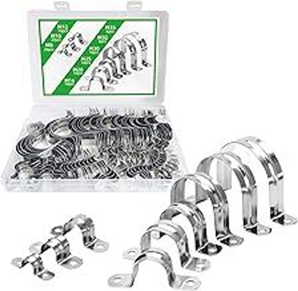 RRRST 102 Stück U-Klemmen, Edelstahl, 8 mm, 10 mm, 12 mm, 16 mm, 20 mm, 25 mm, 30 mm, 32 mm, 35 mm, Edelstahl 304, U-förmige Schelle zur Befestig...