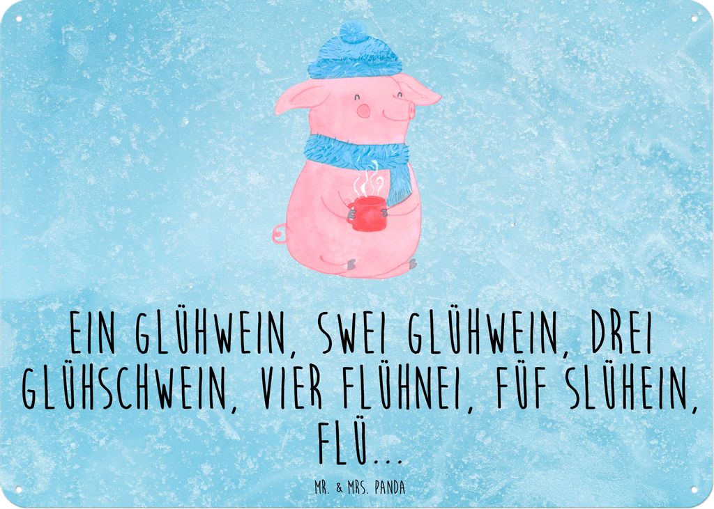 Mr. & Mrs. Panda Wandbild Schweinchen Glühwein DIN A6 - Eisblau - Geschenk, Weihnachtsmarkt, Blechschild, Türschild, Betrunken, Spruch, Schild, M...