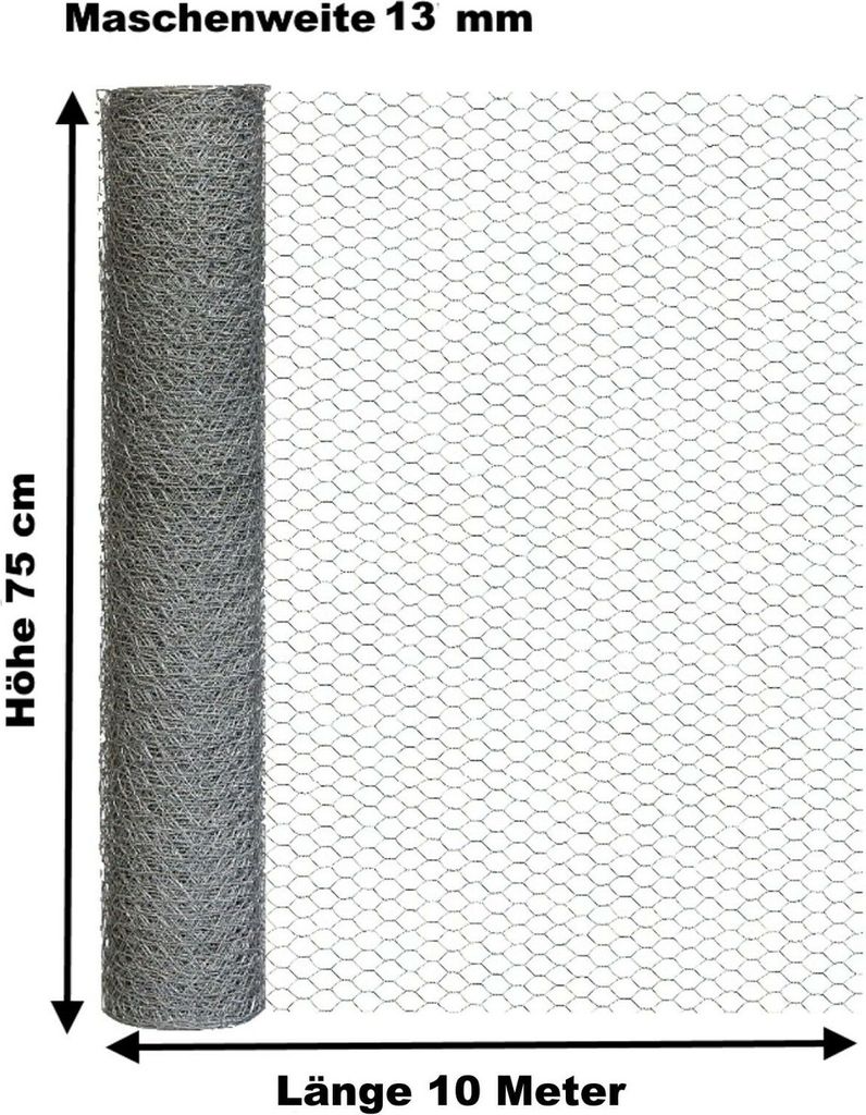 Hasendraht verzinkt 75cm x 10m Sechseckdraht Tauben- Vogel- Kaninchen-draht 13mm