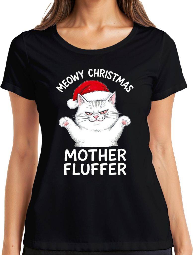 MEOWY CHRISTMAS MOTHER FLUFFER Weihnachten Katze Geschenk Lustig Damen T-Shirt, Schwarz, XL