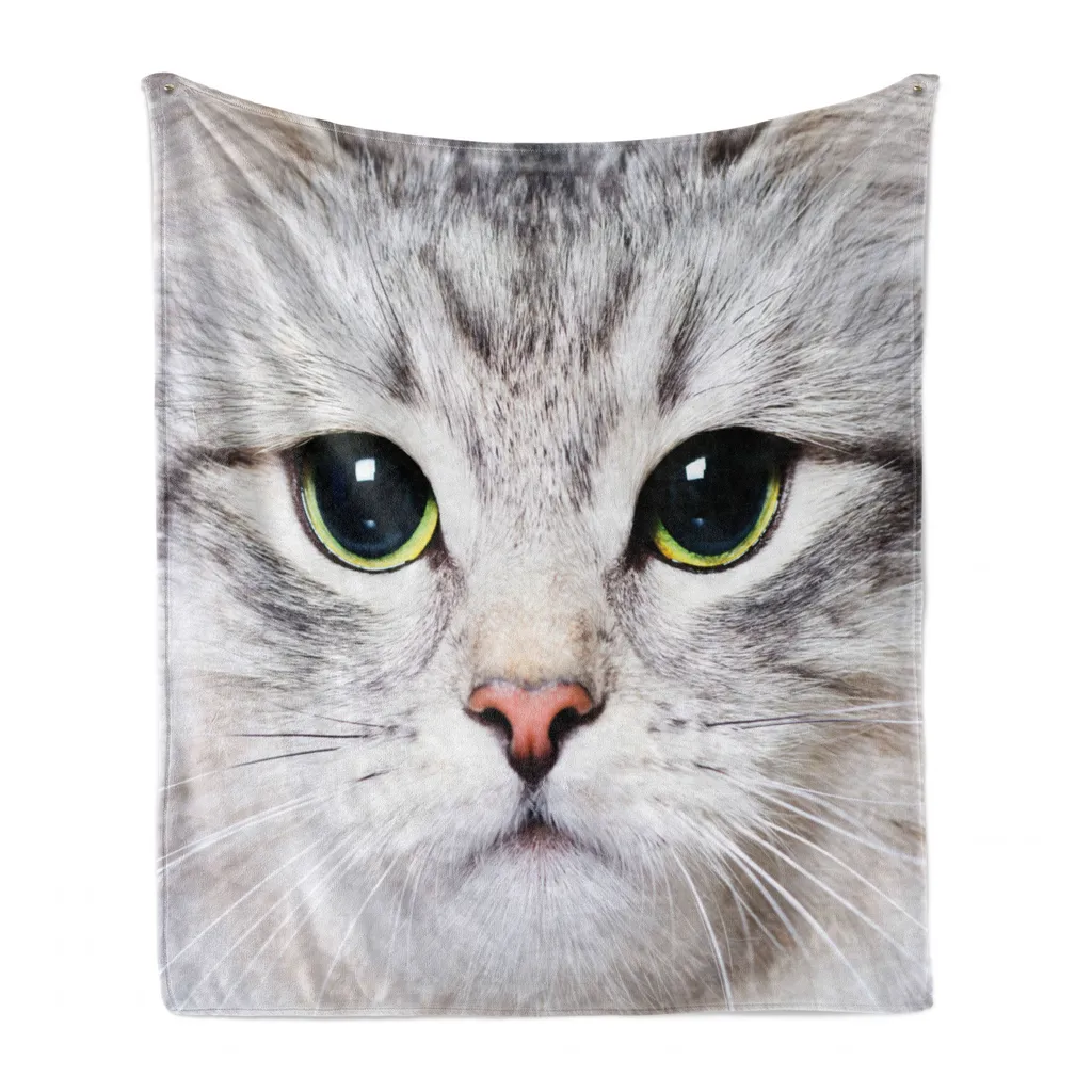 ABAKUHAUS Coperta morbida in flanella e pile per gatti, con faccina di gattino domestico, comodo peluche per interni ed esterni, 125 x 175 cm, multicolore