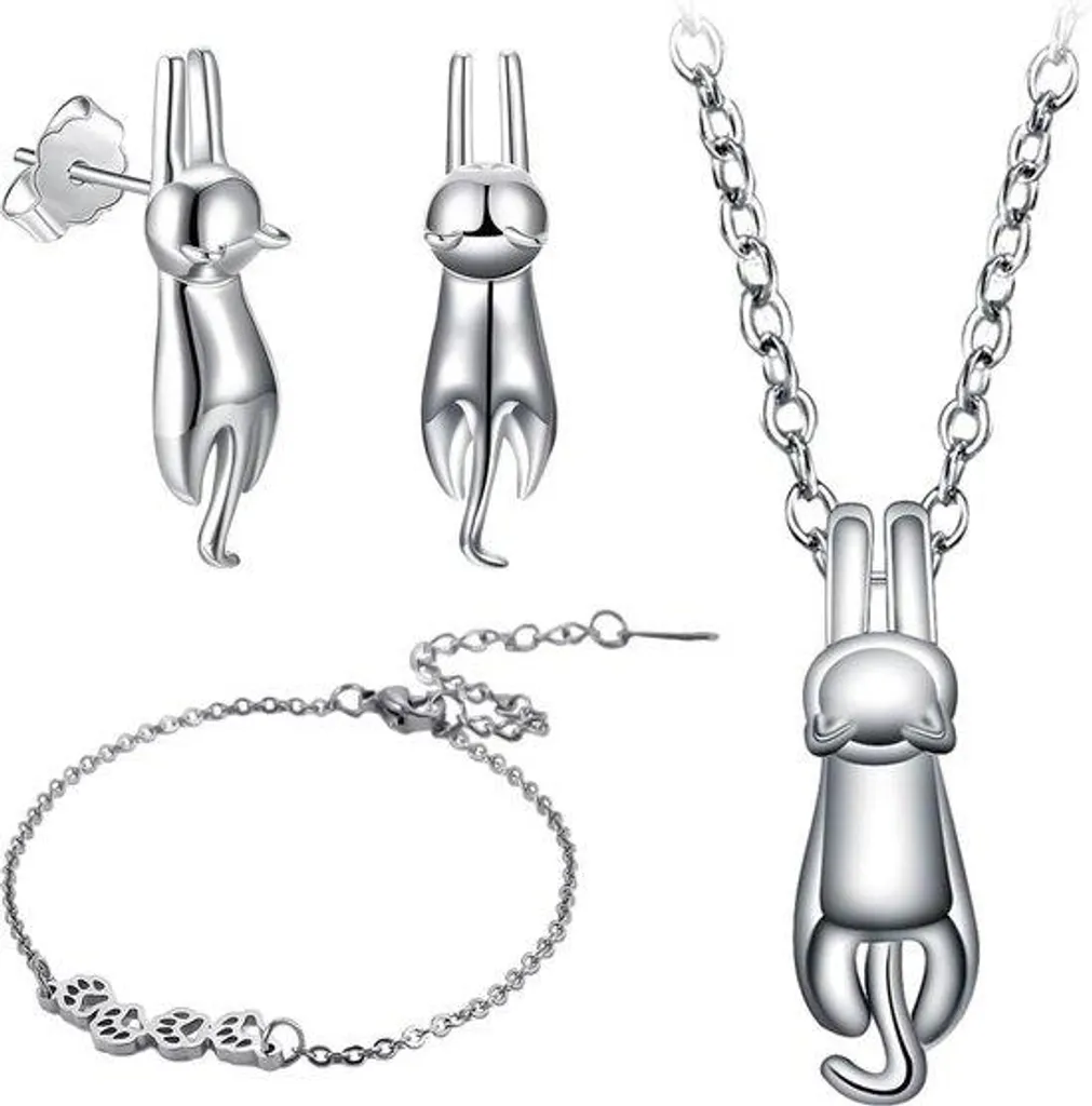 Set Bijoux Chat Argenté Collier Boucles - Cadeau Idéal Fête des Mères