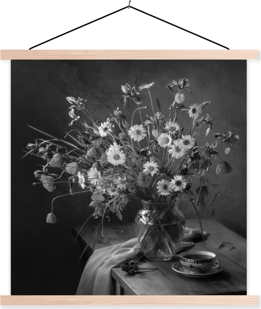 MuchoWow Textilposter Blumenstrauß - Blumen - Ölgemälde - Stilleben - Schwarz - Weiß 60x60 cm mit holzfarbenen Rahmen - Wanddekoration