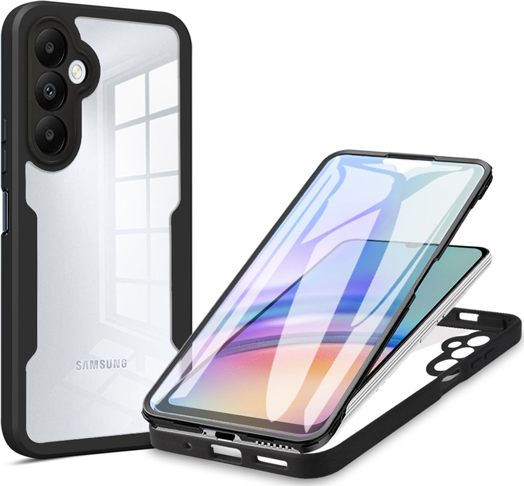 A protective case for a Samsung Galaxy A05S phone is shown, with the phone partially inserted into the case.