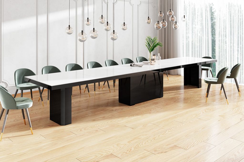 Design Esstisch Tisch HEK-111 Weiß / Schwarz Hochglanz XXL ausziehbar 180 bis 468 cm
