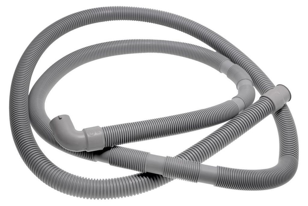A gray corrugated drain hose for a washing machine is laid out in a loop on a white background.