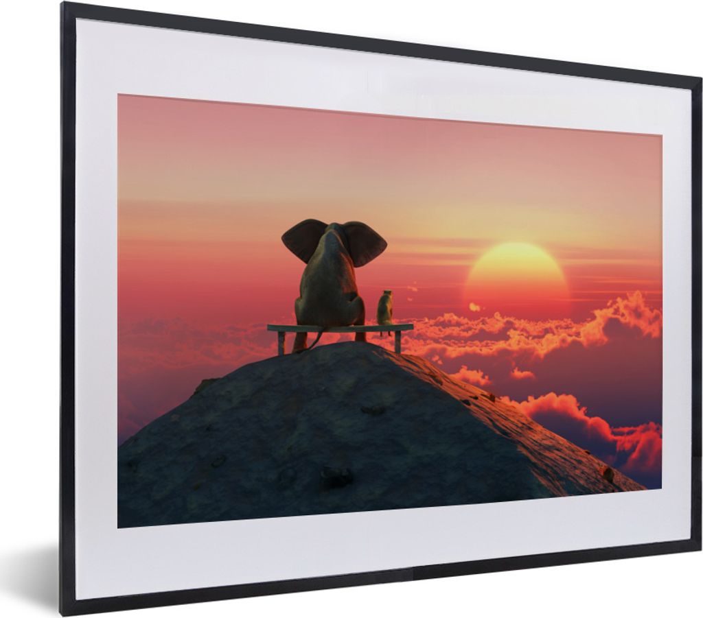 MuchoWow MuchoWow Gerahmtes Poster Hund - Elefant - Berg 40x30 cm - Poster mit zchwarzem Bilderrahmen - Bilderrahmen - Poster im Rahmen