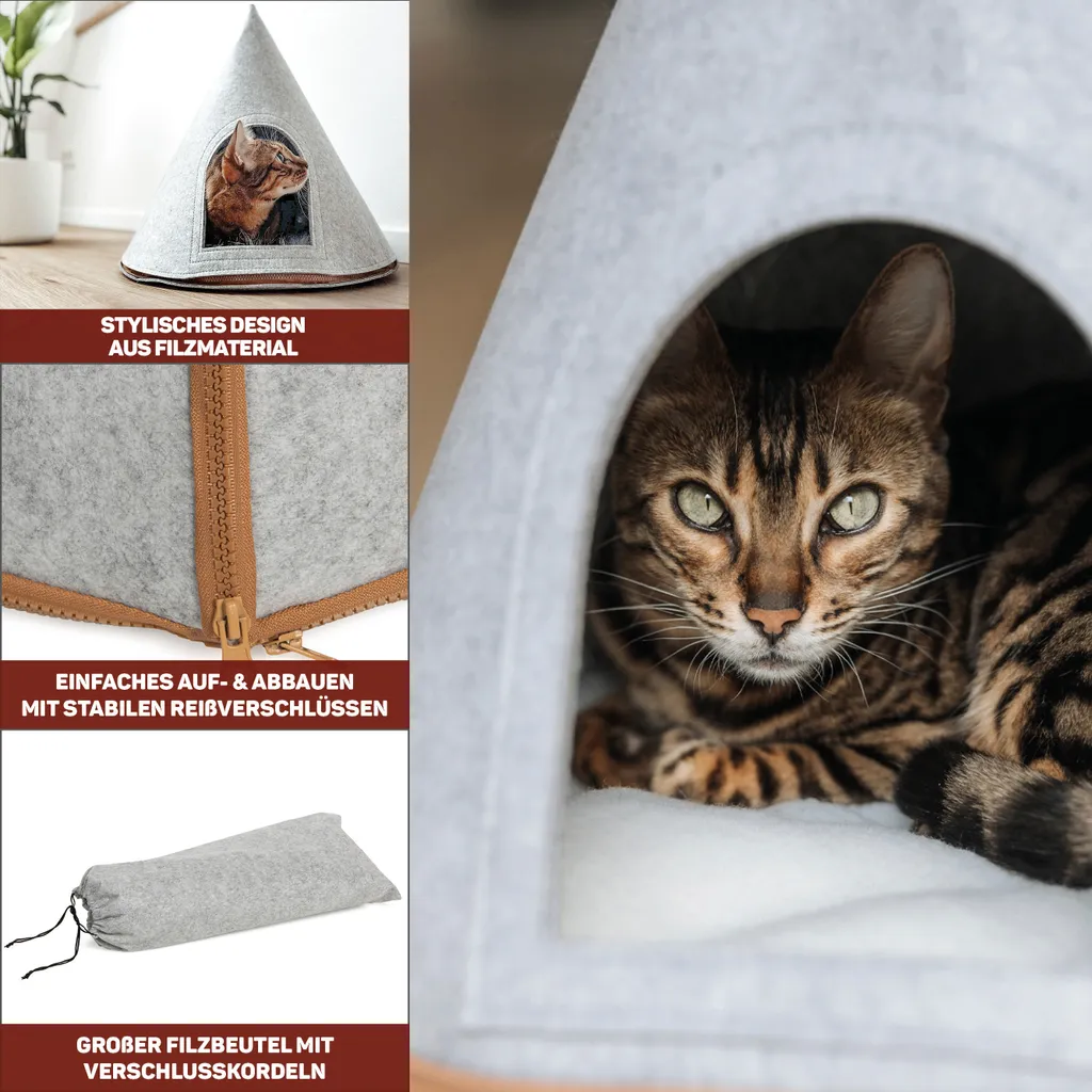 Cuccia Grotta Gatto Tipi Feltro | Grigio Chiaro Lavabile con Cuscino - 3