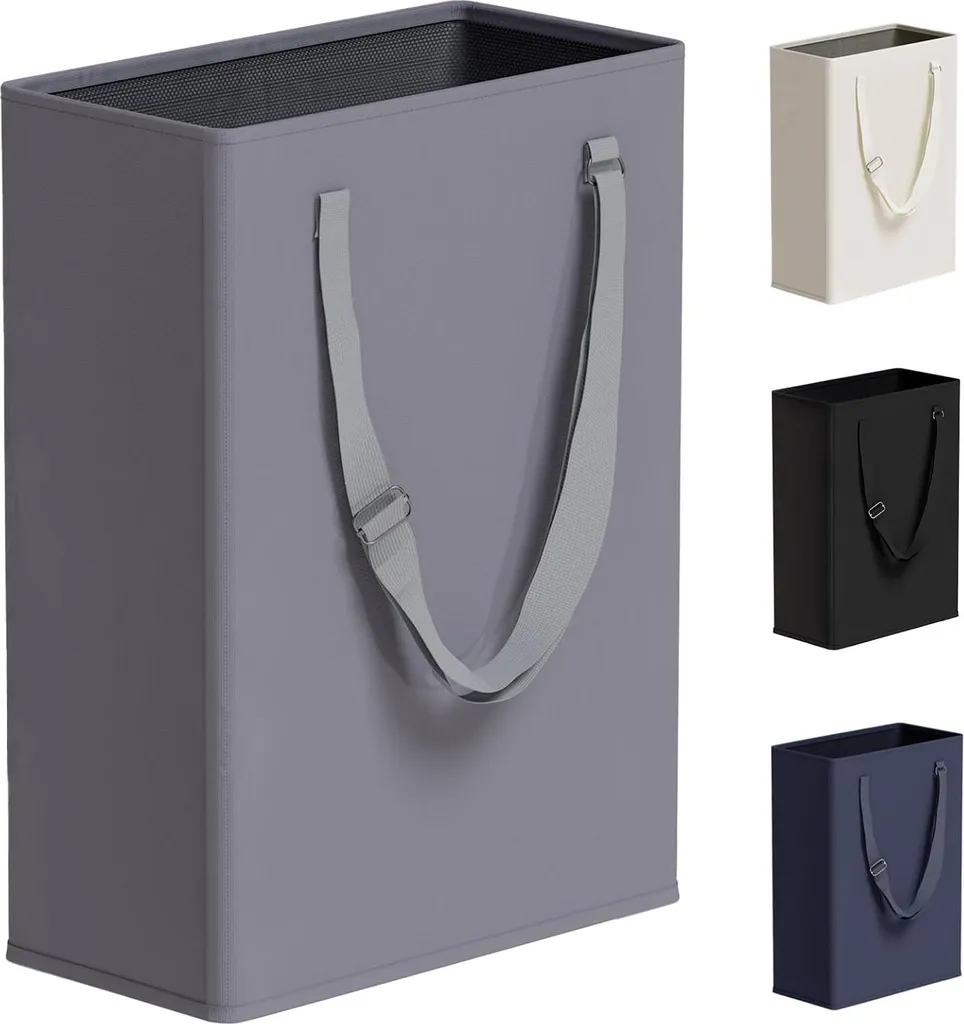 Panier à linge pour salle de bain étroite, rangement 45L gris compact