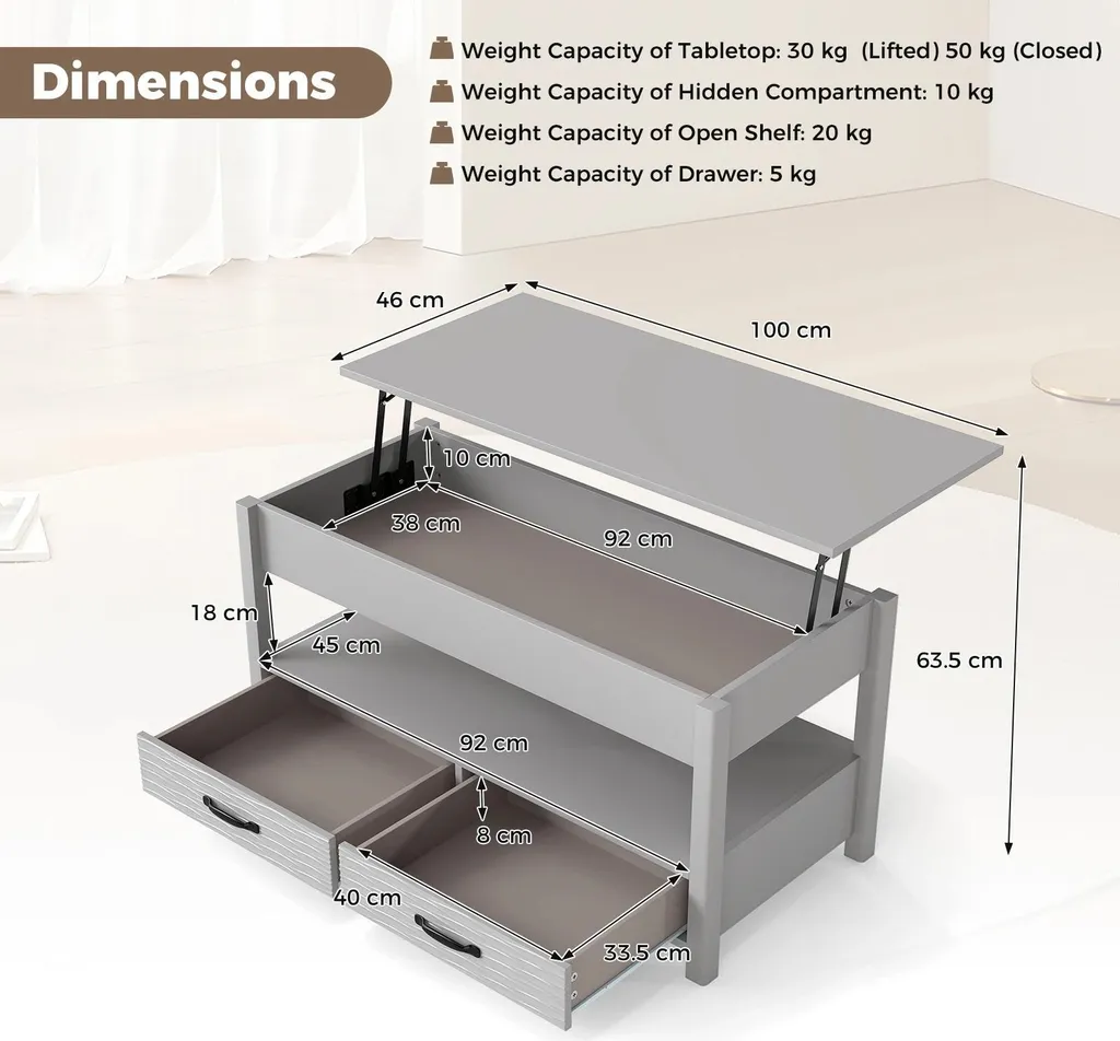 Table basse à plateau relevable et coffre de rangement style cottage