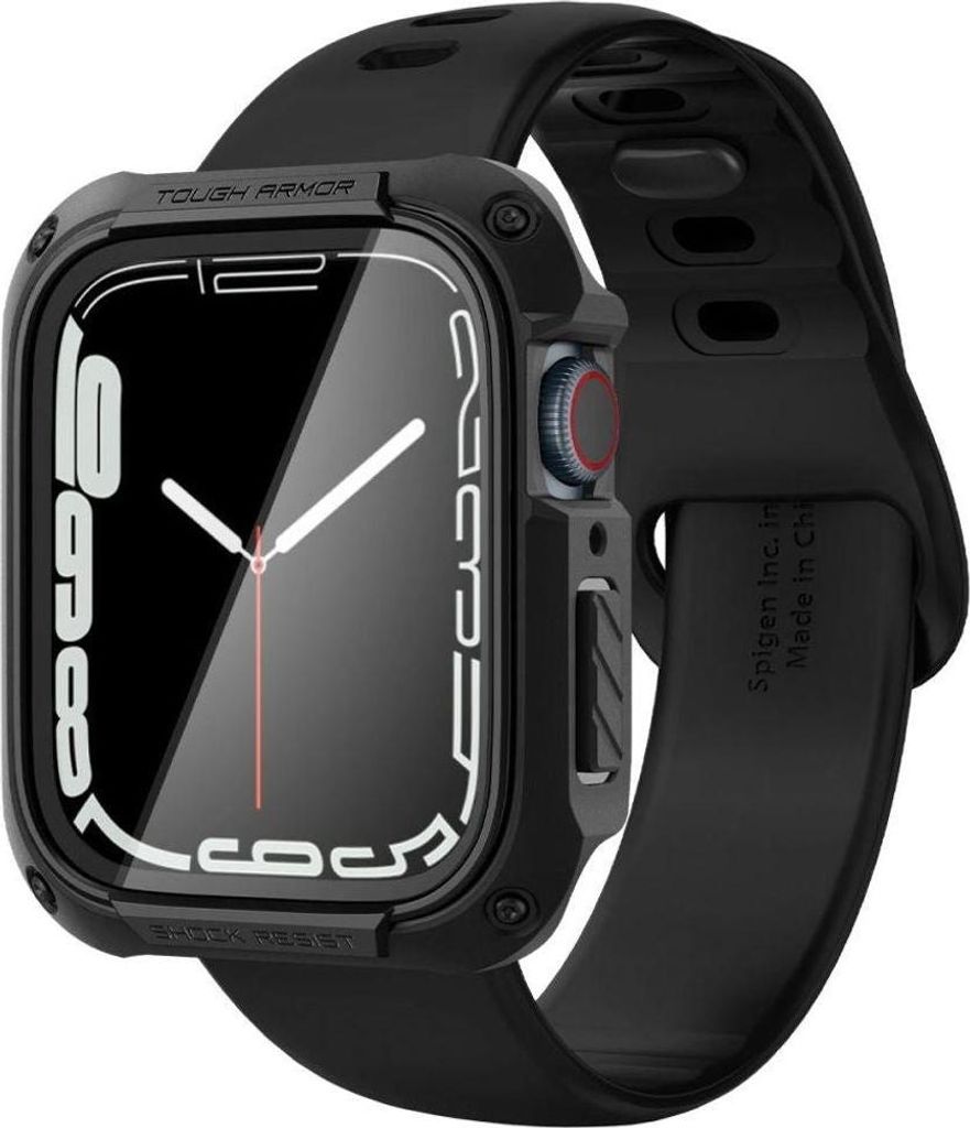 Spigen Tough Armor, Hülle, Smartwatch, Schwarz, Apple, Watch Series 9 / 8 / 7 (45mm), Polycarbonat (PC), Gehärtetes Glas, Thermoplastische Polyur...
