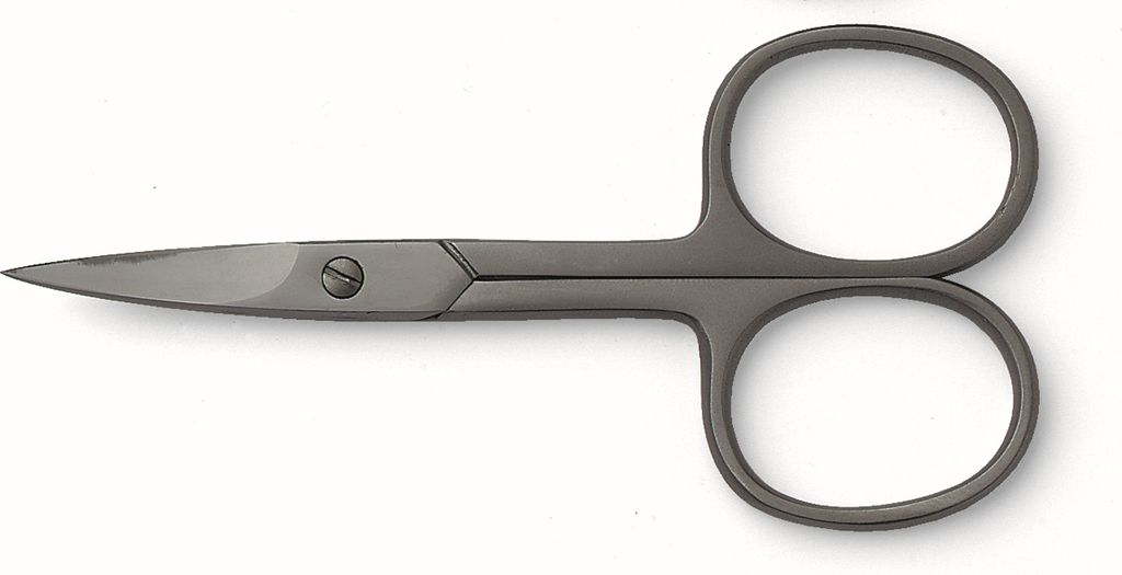A pair of gray scissors on a white background.