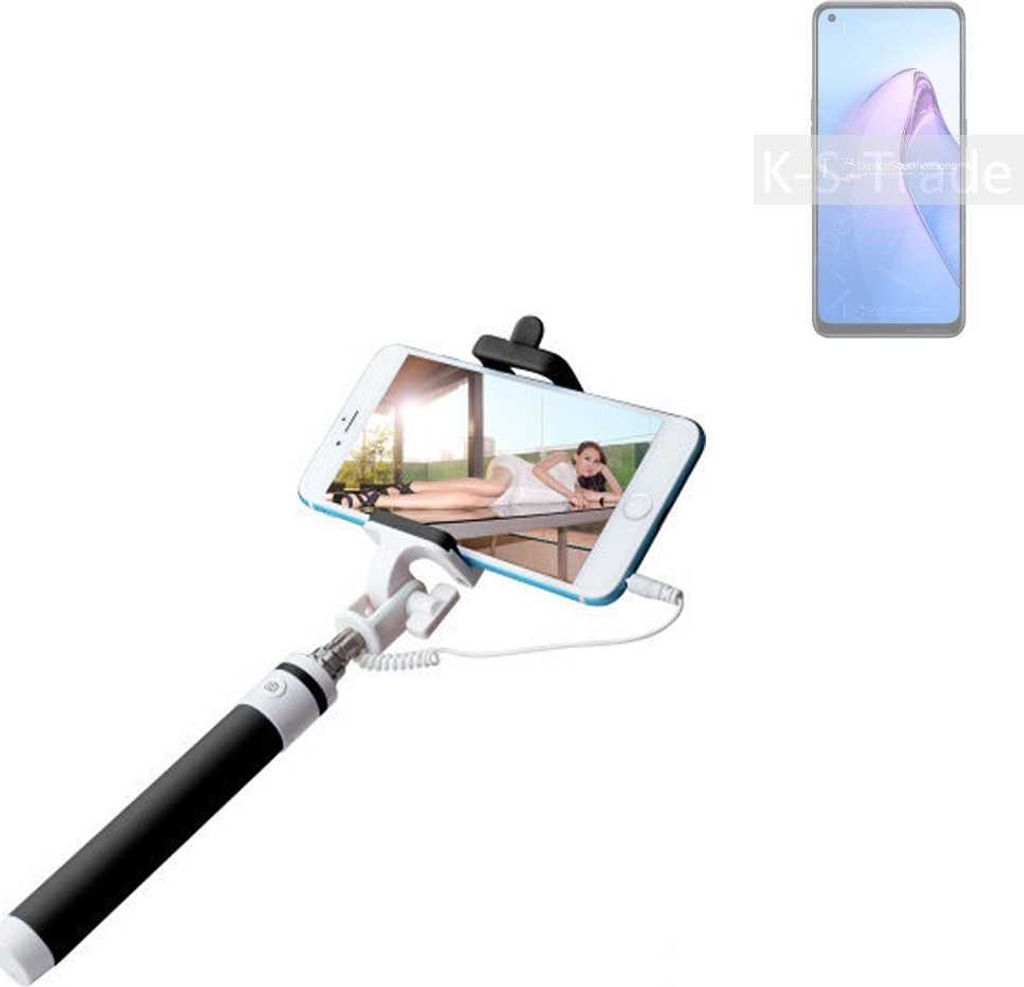 K-S-Trade Selfie Stick kompatibel mit Oppo Reno8 Z 5G Selfiestick kabelgebunden Monopod mit Kabel Stab Stange Selfportrait Handheldstick schwarz 1x