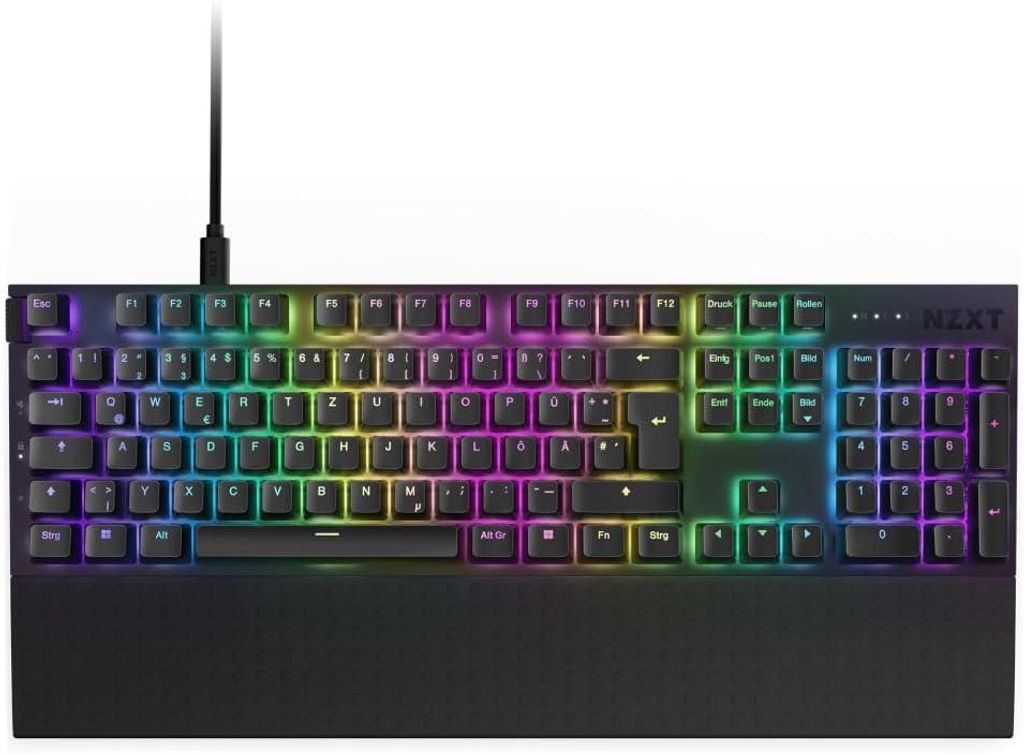 A black NZXT keyboard with RGB lighting is shown from a top-down perspective against a white background.