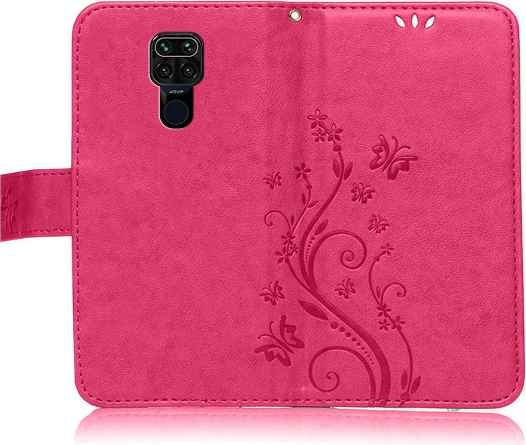 A pink flip case for a Xiaomi Redmi Note 9 phone, with a floral and butterfly embossed design.