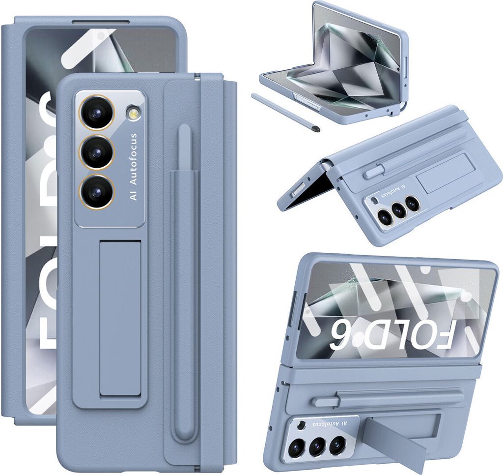 Schutzhülle für Samsung Galaxy Z Fold 6 Ledertaschen mit Lederscharnier, Displayschutz, Ständer und Stifthalter Blau