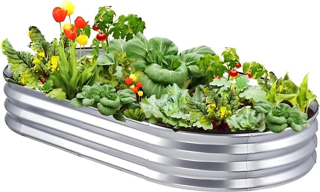 Erhöhte Pflanzenschale Outdoor – RVS Silber – Ovale Form – 120x60x30cm – Inklusive Zubehör – Garten, Gemüsebeet, Kräuter und Blumen