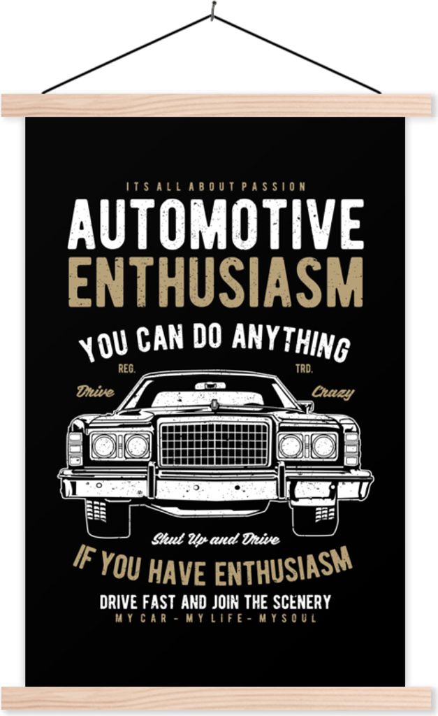 MuchoWow Textilposter Mancave - Auto - Vintage - Schwarz 40x60 cm mit holzfarbenen Rahmen - Poster