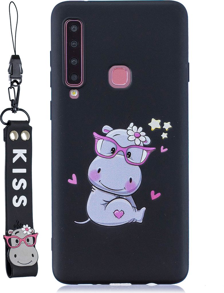 Für Samsung A9 2018 Cartoon Lovely Coloured Painted Soft TPU Rückendeckung rutschfest Full Protective Case mit Lanyard schwarz