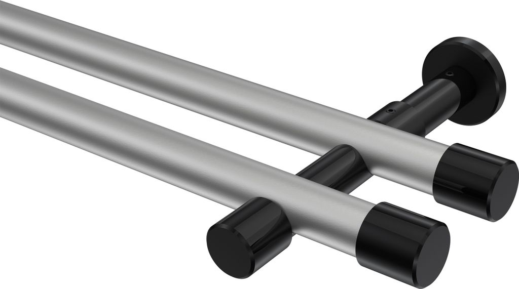 Interdeco Gardinenstange / Vorhangstange Silbergrau / Schwarz, Typ Prestige Santo (Kappe) ohne Ringe, 20 mm Ø 2-läufig, 200 cm