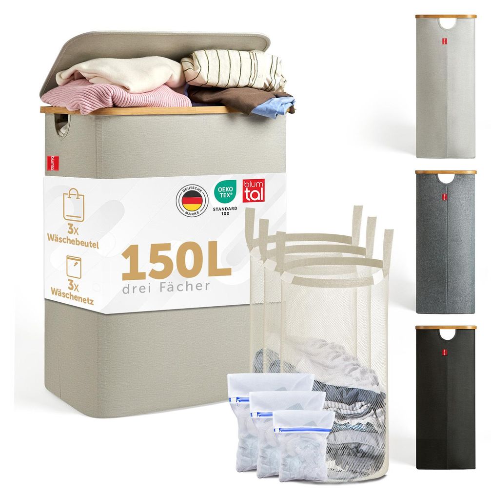 A collage of product images showing a beige laundry basket with a lid, filled with clothes, and also showing individual laundry baskets in different colors and laundry bags.