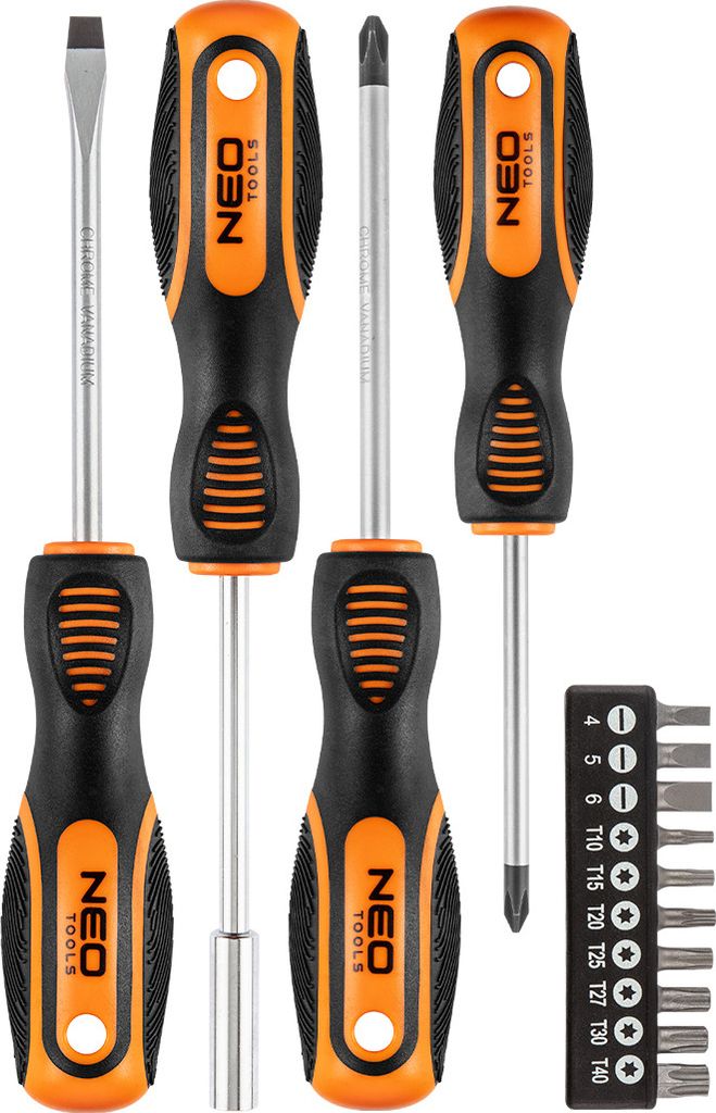 NEO TOOLS Schraubendreher und Schraubendreherbits 14-tlg, Größe: 4, 5, 6 mm, Torx T10, T15, T20, T25, T27, T30, T40, 6,5 x 100 mm, PH2 x 100 mm, ...