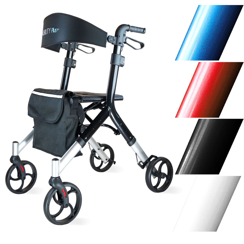DR10+ Design-Rollator - Indoor und Outdoor Rollator - Gehwagen in trendigem Design - klappbar, Höhe einstellbar und inkl. Tasche - Schwarz