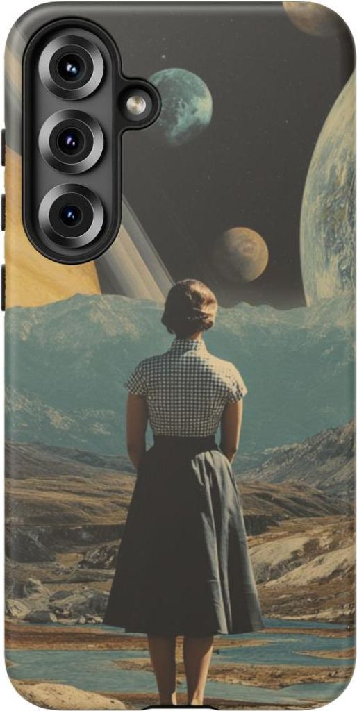 Frau im 50er-Jahre-Kleid mit realistischen Planeten – Hülle Kompatibel mit Samsung Galaxy S25 Plus