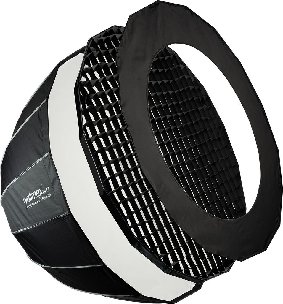 Walimex pro Studio Parabolic Softbox 120cm, um 360° drehbar, einfacher Aufbau dank Schirmfunktion, inkl. Grid, Maske, Bowens Adapter und Transport...
