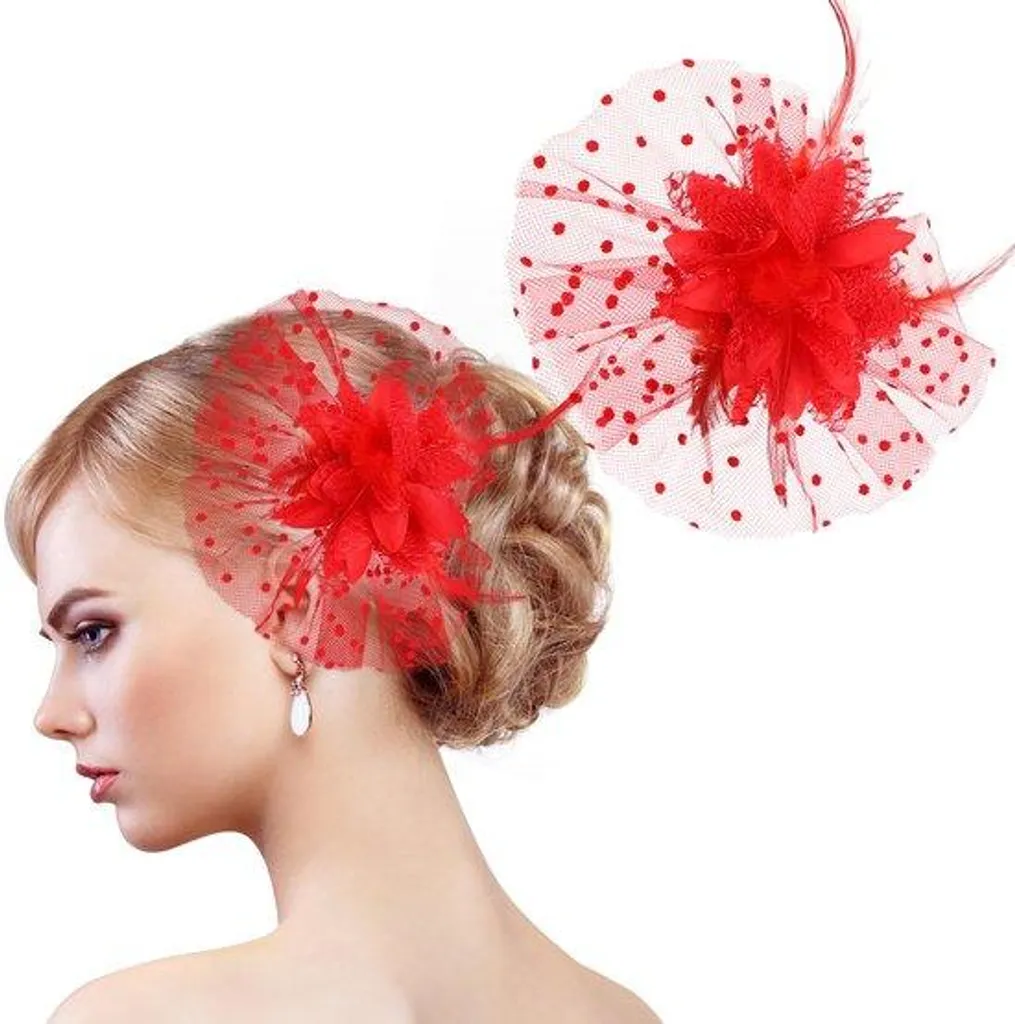Pince à cheveux fleur rouge avec plumes : ornement chic pour coiffure