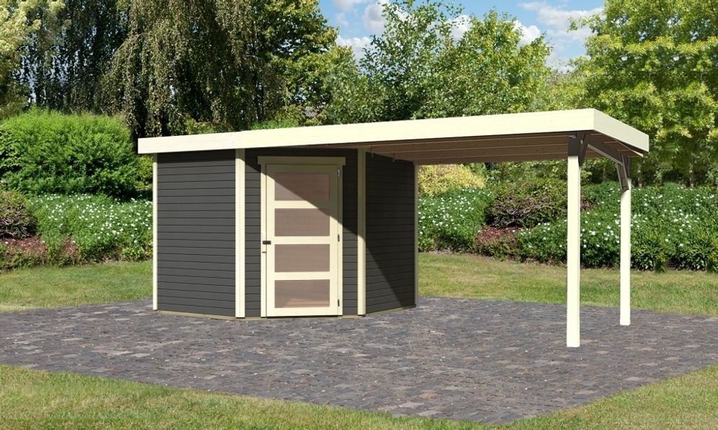 Karibu Gartenhaus Gerätehaus Schwandorf 5 im Set mit Anbaudach 2,80 m Breite terragrau 496,5x246x218 cm