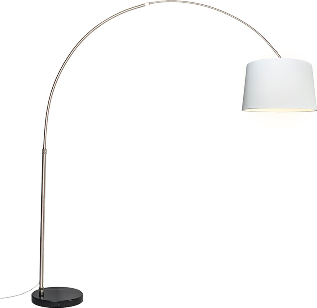 QAZQA - Modern Bogenleuchte I Bogenlampe I Lampe I Leuchte Stahl I Silber I nickel matt Stoffschirm weiß 45 cm - XXL I Wohnzimmer - Stahl Länglic...